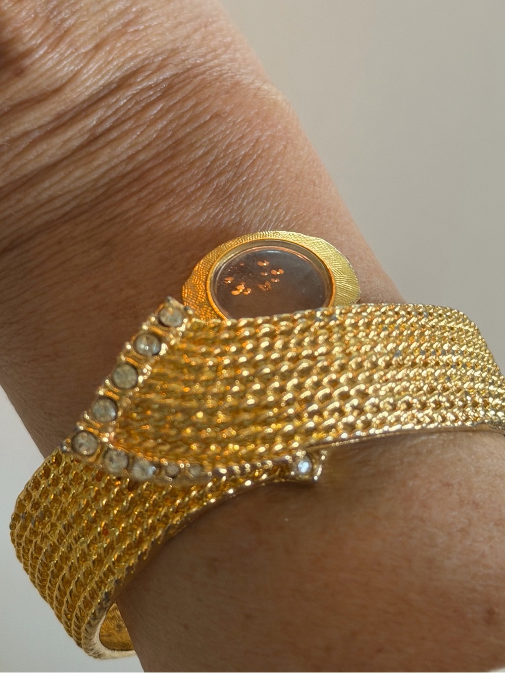 Vintage Gold Tone Textured Clamper Bracelet w/ Rhinestone & Glass Accents